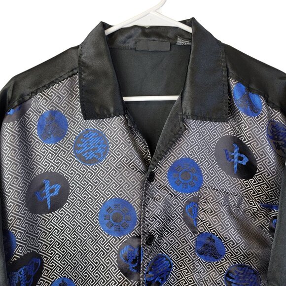 Vintage Y2K Satin Asian Shirt Men Large Black Blue Button Up Casual Short Sleeve - Picture 13 of 16